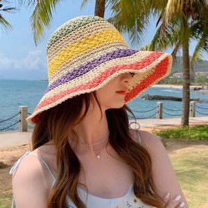 NEW Multicolor Striped Straw Fisherman's Hat Foldable Summer Boho